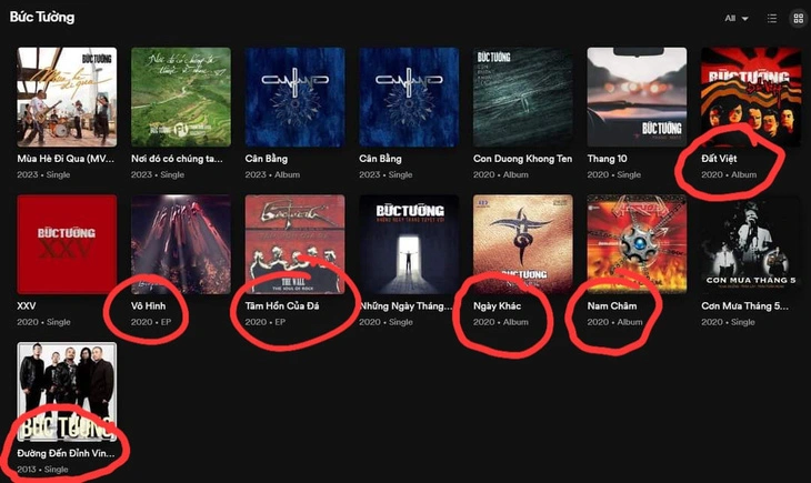 Các album nhạc của Bức Tường bị vi phạm bản quyền trên Spotify - Ảnh: Bức Tường