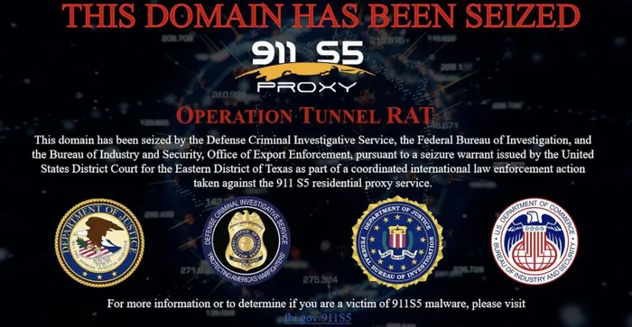 Thông báo tịch thu tên miền thuộc về botnet 911 5S của nhà chức trách. Ảnh: Bleeping Computer