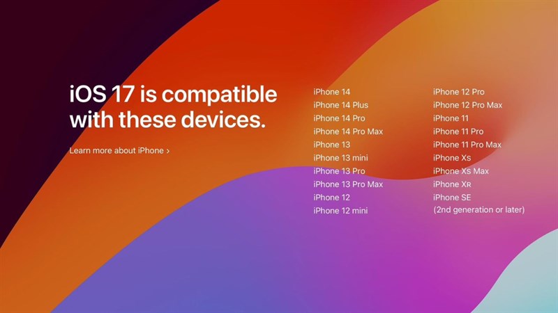 Danh sách thiết bị cập nhật iOS 17 không có iPhone 8, iPhone 8 Plus và iPhone X. Nguồn: Apple.