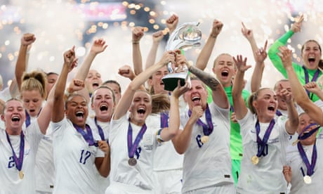 Leah Williamson and Millie Bright lift the trophy after England beat Germany after extra-time to win Euro 2022.