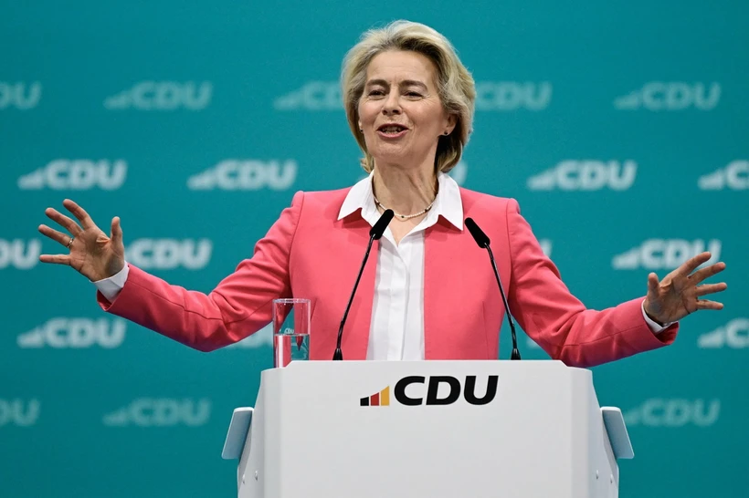 Chủ tịch Ủy ban châu Âu Ursula von der Leyen phát biểu tại một sự kiện ở Berlin, Đức ngày 8/5/2024. (Ảnh: AFP/TTXVN)
