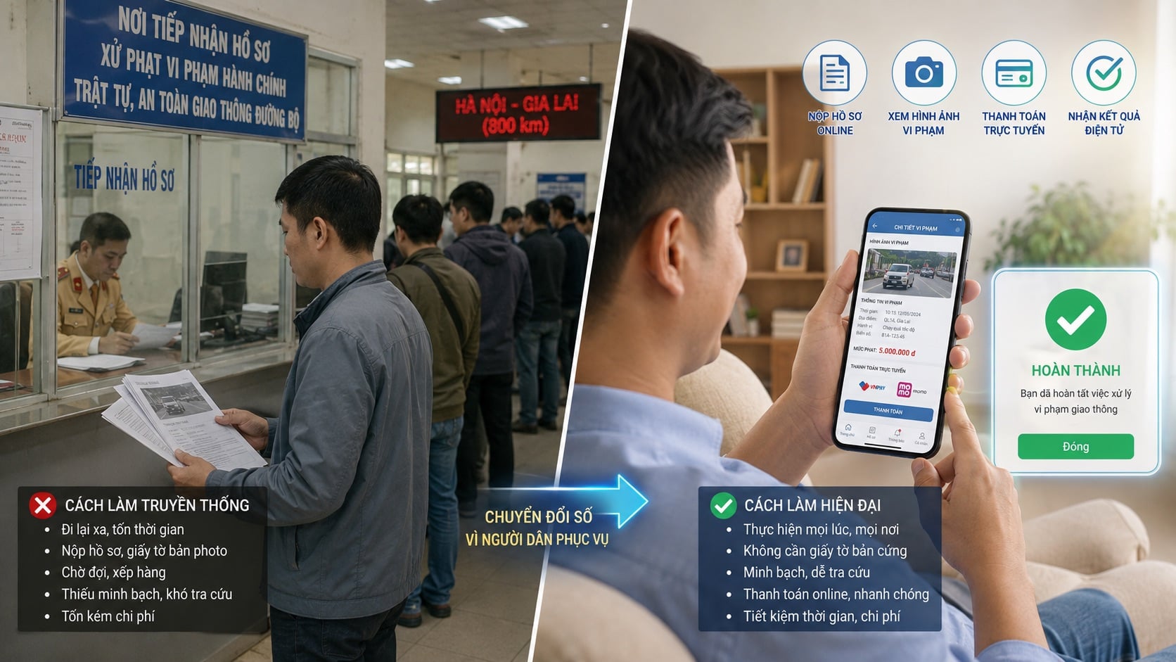 Chuyển đổi số giúp giảm giấy tờ, thời gian chờ đợi và tăng tính minh bạch trong xử lý vi phạm giao thông (Ảnh minh họa: ChatGPT)
