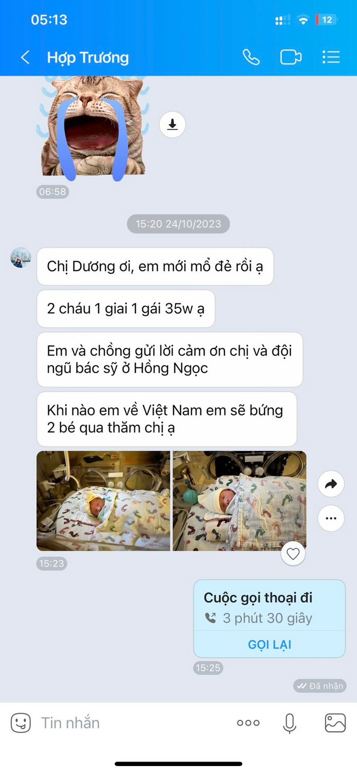 Chị Hợp Trương vui mừng nhắn tin chia sẻ niềm vui với bác sĩ Thùy Dương - người trực tiếp điều trị cho chị khi về Việt Nam làm IVF.