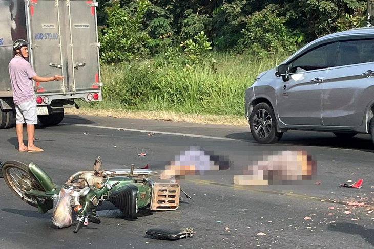 Va chạm xe máy ngã ra đường, hai người chết dưới bánh xe tải - Ảnh 1.