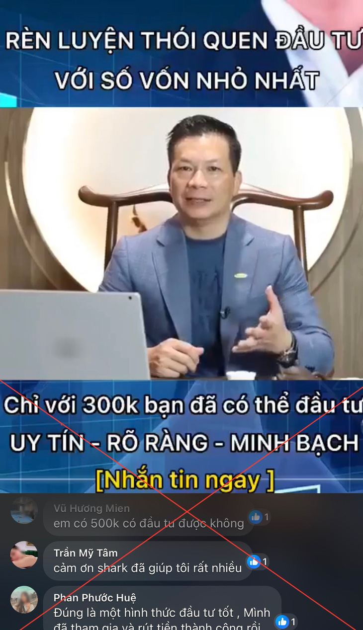 Hình ảnh ông Phạm Thanh Hưng (Shark Hưng) trong một video bị kẻ xấu tự ý cắt ghép để lừa đảo.