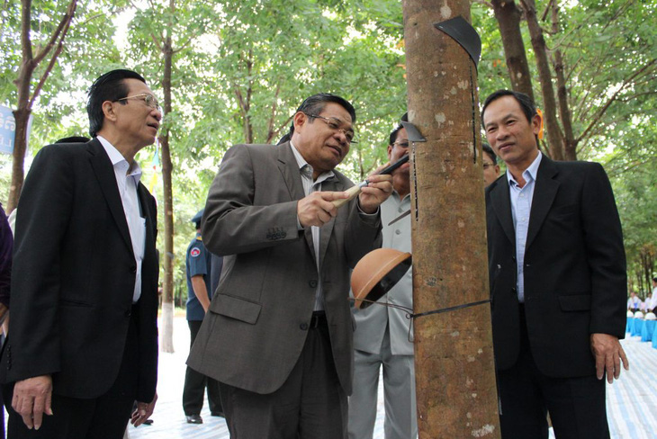 Nguyên phó t឴h឴ủ឴ ឴t឴ư឴ớ឴n឴g Campuchia Yim Chhay Ly (người giữa) và ông Hai Thuận (bìa phải) dự lễ mở miệng cạo một vườn cây cao su VRG tại Campuchia năm 2015 - Ảnh: VRG