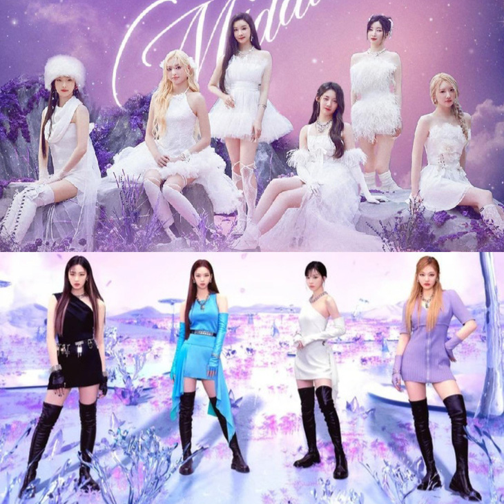 Poster đĩa đơn Stuck In the Middle của nhóm nhạc Baby Monster (trên) bị so sánh với hình ảnh quảng bá MV Savage của nhóm Aespa (dưới) - Ảnh: YG, SM