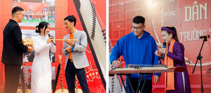Học sinh THPT ở Đà Nẵng  làm quen với nhạc cụ dân tộc - Ảnh: H.P.