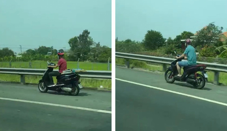 Hai xe máy chạy trên cao tốc TP.HCM - Trung Lương - Ảnh: HOÀI THƯƠNG cắt từ clip