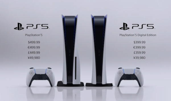 Giá bán PS5 bản tiêu chuẩn và bản kỹ thuật số tại Mỹ, châu Âu, Anh và Nhật Bản.