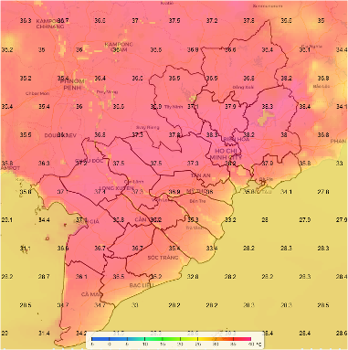 Bản đồ nhiệt độ cao nhất tại Nam bộ lúc 14 giờ ngày 9.4.2024