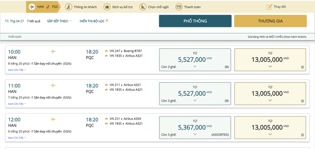 Vé máy bay chặng Hà Nội - Phú Quốc hạng ghế phổ thông lên tới hơn 11 triệu đồng/vé khứ hồi