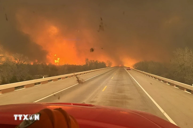 Khói lửa bốc lên từ đám cháy rừng tại bang Texas, Mỹ. (Ảnh: AFP/TTXVN)