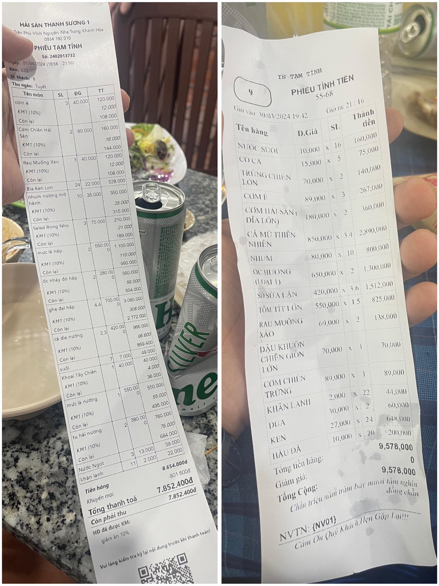 Anh Cường so sánh giữa hóa đơn nhà hàng thật (phải) và nhà hàng giả mạo (trái). Ảnh: Nhân vật cung cấp