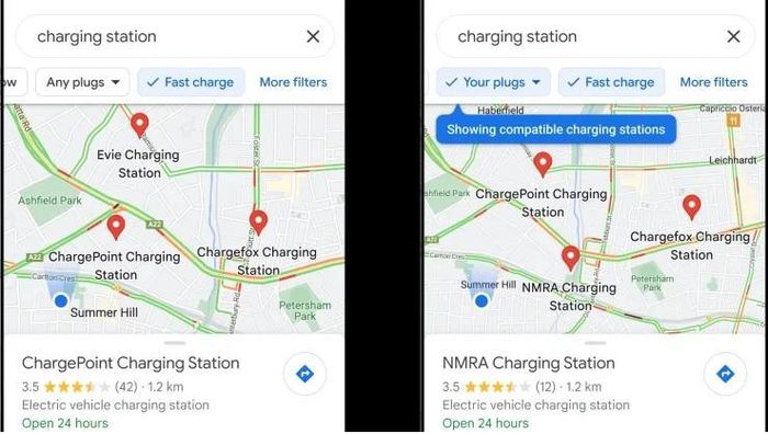 Tìm các trạm có bộ sạc nhanh (trái) và phích cắm tương thích với EV (phải). Ảnh Google