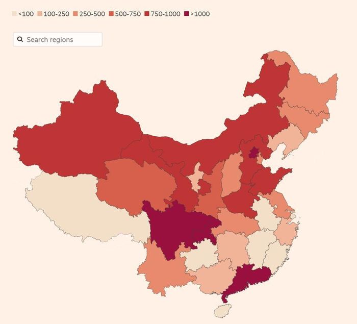 Bản đồ thể hiện số ca nhiễm ghi nhận trong ngày 22/11 theo từng khu vực tại Trung Quốc - Nguồn: Ủy ban Y tế Quốc gia Trung Quốc/Financial Times