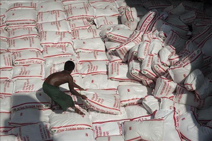 Công nhân bốc xếp các bao gạo tại một nhà máy ở Bangkok, Thái Lan. Ảnh tư liệu: AFP/TTXVN